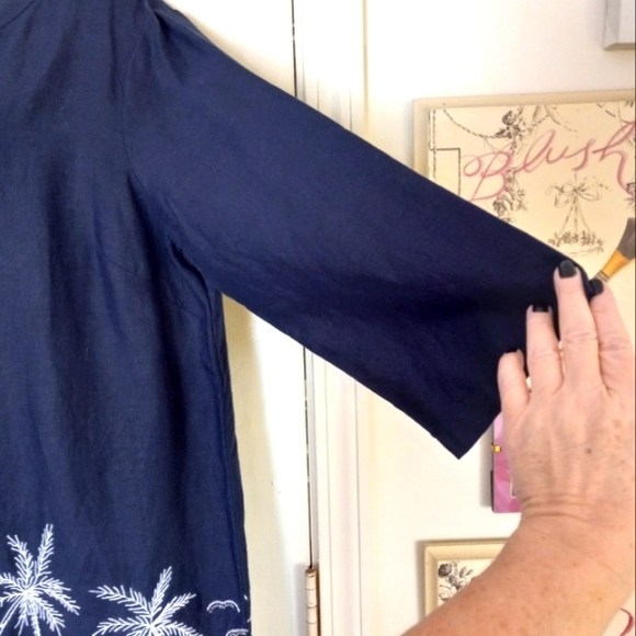 Talbots Dress Blue 100% Linen Embroidered Palm Trees Sailboat Beach Size L - Picture 9 of 15